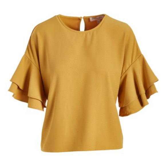 Philosophy Tops - Philosophy Mustard Ruffle Sleeve Crew Neck Blouse